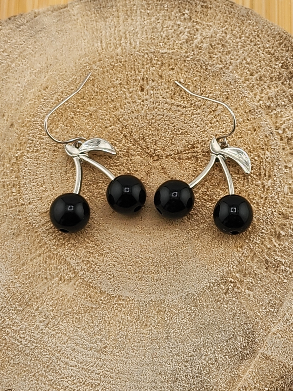 Silver Tone Cherry Dangle Earrings with Black Beads